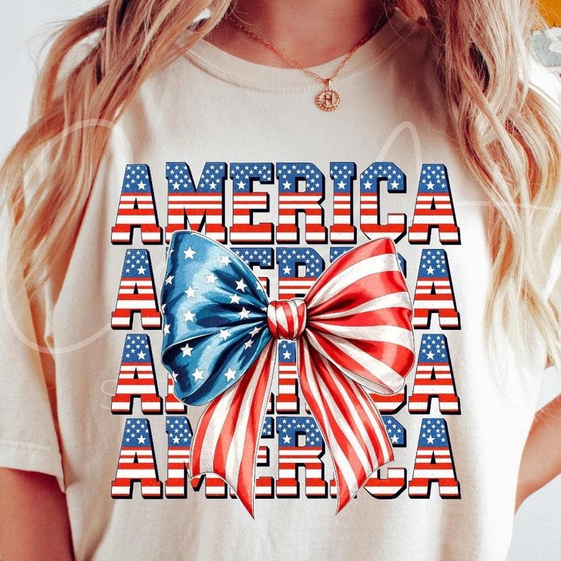 Fourth of July Sublimation, America with Coquette Style Bow, Patriotic T-Shirt Hoodie, Sweatshirt | HypeDripTees.com