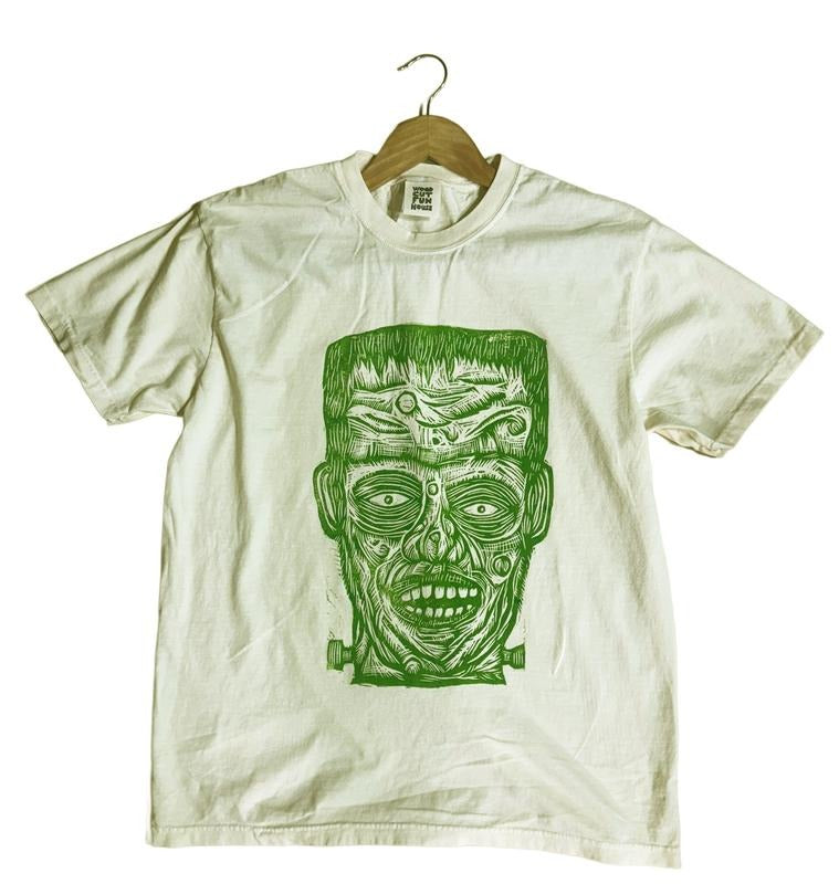 Frankenstein Hand printed  Woodcut T Shirt Menswear Cotton Top Streetwear Casual Hoodie, Sweatshirt | HypeDripTees.com