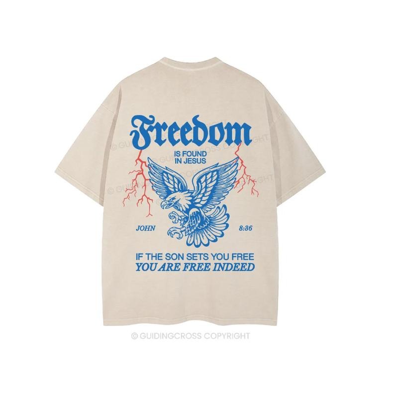 Freedom Is Found In Jesus Christian Washed T-Shirt Pure Cotton Fabric Casual Streetstyle Crew Neck Short Sleeve...
