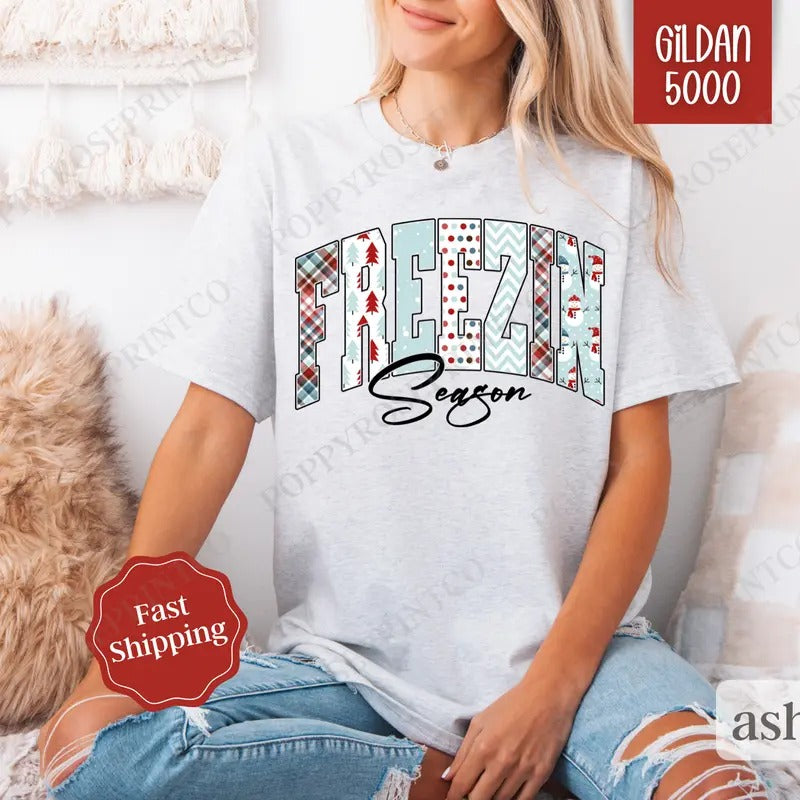 Freezin' Season Shirt Gildan, Cute Winter Tee, Trendy Winter Women's Tshirt Plus Sizes Hoodie, Sweatshirt | HypeDripTees.com