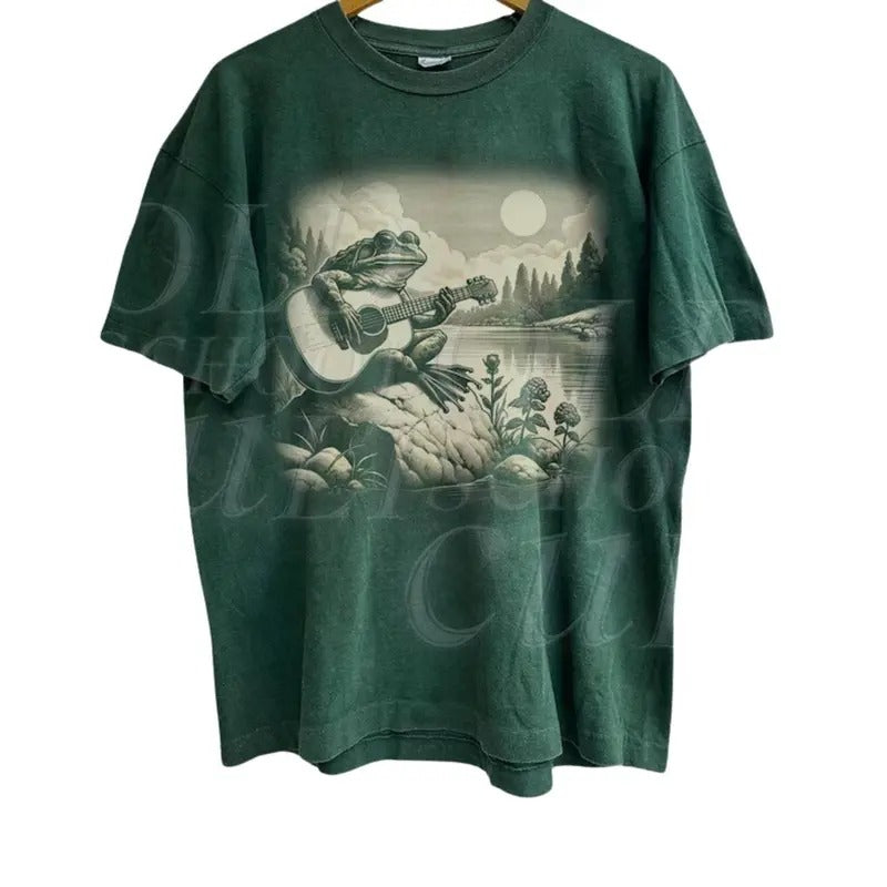 Frog Playing Guitar Vintage 90s Graphic Shirt, Frog Toad Guitar Lovers Tee, Wild Free, Frog Musician Washed Tee, Music...