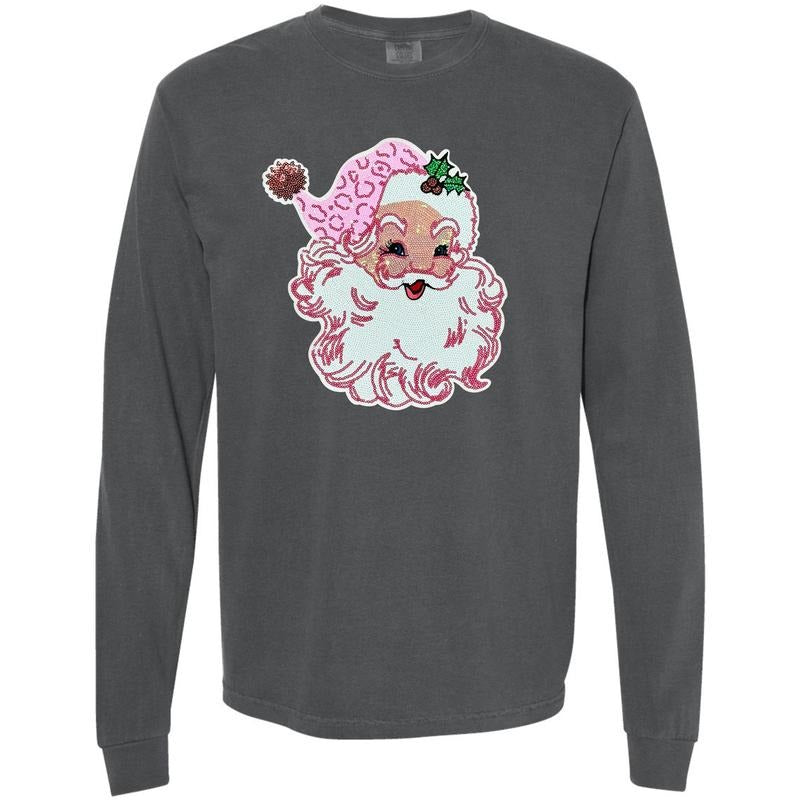 Full Sequin Blushing Santa Patch Long Sleeve Comfort Colors T-Shirt Hoodie, Sweatshirt | HypeDripTees.com