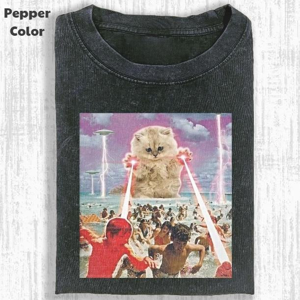 Funny Animal Vintage Graphic Tee, Cat Attack People T-Shirt, Animal Shirt, Unisex Meme Cringe Funny Shirt, Menswear...