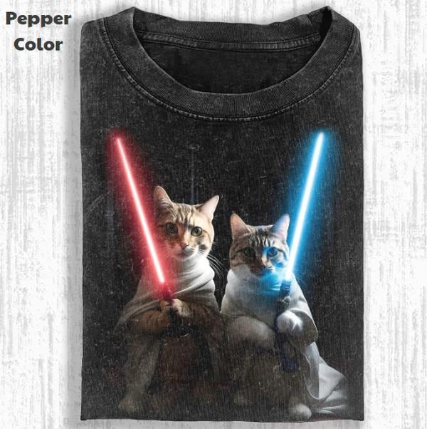 Funny Animal Vintage Graphic Tee, Lightsaber Cat T-Shirt, Stupid Cat Animal Shirt, Unisex Meme Cringe Funny Shirt,...