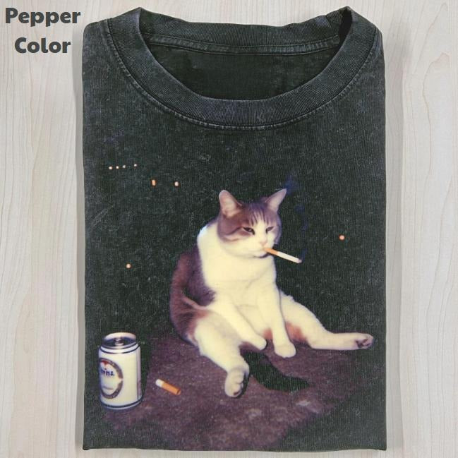 Funny Animal Vintage Graphic Tee, Midnight Existential Cat T-Shirt, Stupid Cat Animal Shirt, Unisex Meme Cringe Funny...