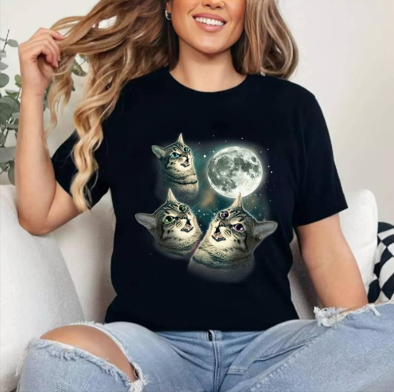 Funny Cat Shirt Three Cat Moon 3 Wolfs Cute Kitten Graphic T-Shirt , Unisex Cotton, Crewneck, Top Womenswear Hoodie,...