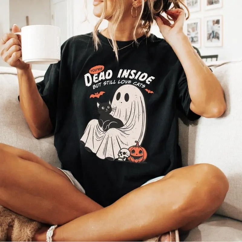 Funny Cat Shirt, Dead Inside But Still Love Cats, Black Cat Halloween Shirt, Ghost Shirt Hoodie, Sweatshirt