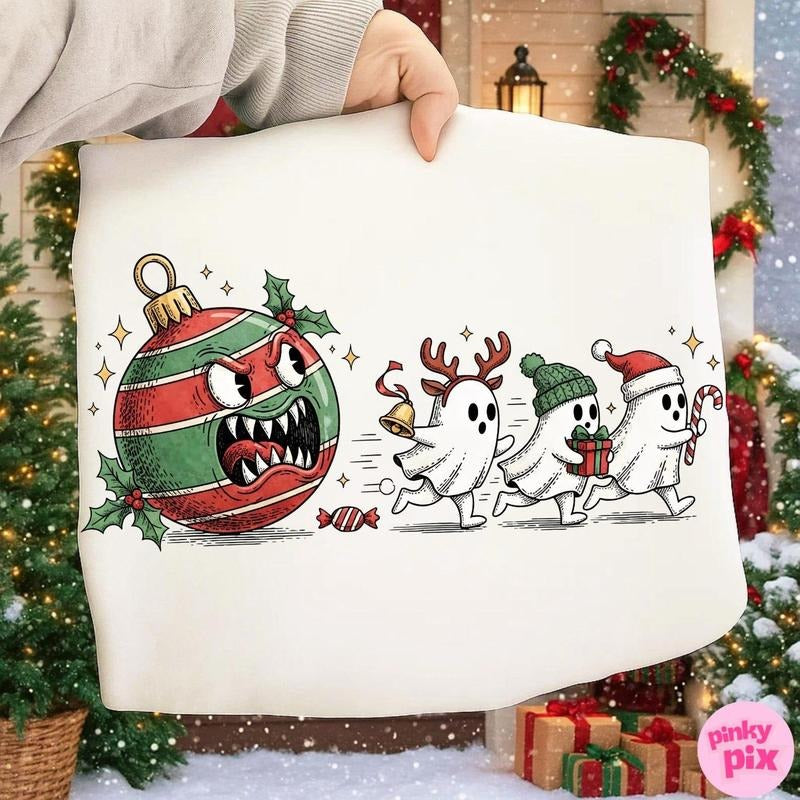 Funny Christmas Ghosts Sweatshirt, Spooky Ornament Chasing Sweatshirt T-Shirts, Hoodie | HypeDripTees.com