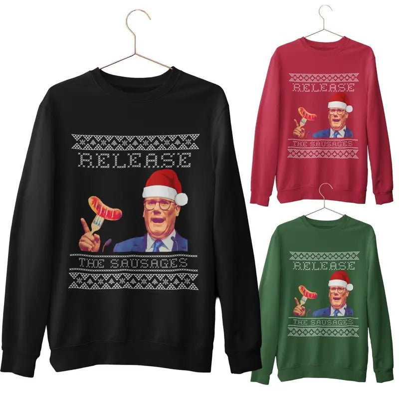 Funny Christmas Jumper 2024 - Keir Starmer Release the Sausages Sweatshirt - Alternative T-Shirts, Hoodie | HypeDripTees.com