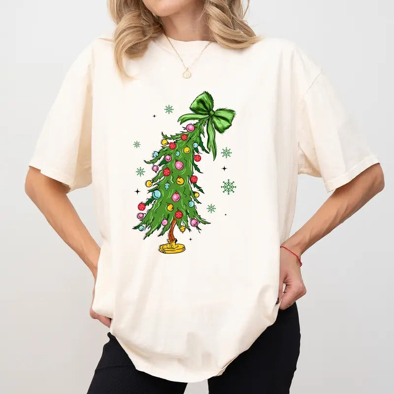 Funny Christmas Tree Comfort Colors Shirt, Merry Greenmas Unhinged Tees, Merry and Bright Tee, Coquette Green Christmas...