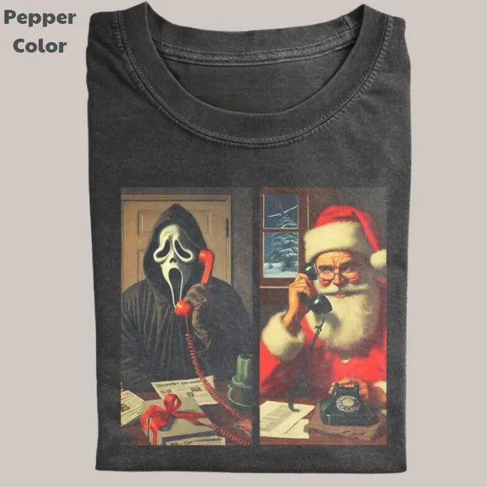 Funny Christmas Vintage Tee, Ghost Face Calling Santa T-Shirt, Movies Graphic Tee, Meme Cringe Funny Dumb Shirt, Menswear...