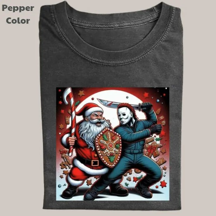 Funny Christmas Vintage Tee, Michael Myers Santa T-Shirt, Movies Graphic Tee, Meme Cringe Funny Dumb Shirt, Menswear...