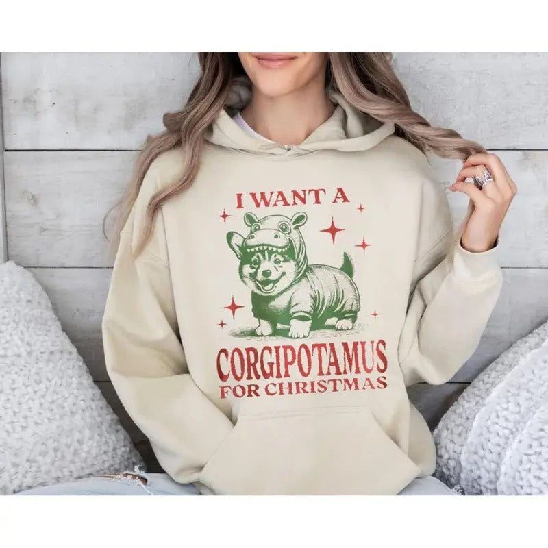 Funny Corgi Christmas Shirt, Corgi Lover Gift, Hippo Corgi Tshirt, Holiday Dog Mom Tee, Retro Graphic Pet Owner Xmas Cute...