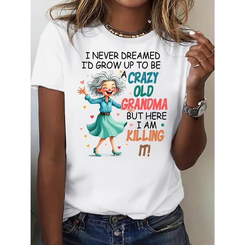 Funny Crazy Old Grandma Womens Playful Graphic Print Tee, Casual Wear Summer Short Sleeve, Relaxed Fit T-shirt Hoodie,...