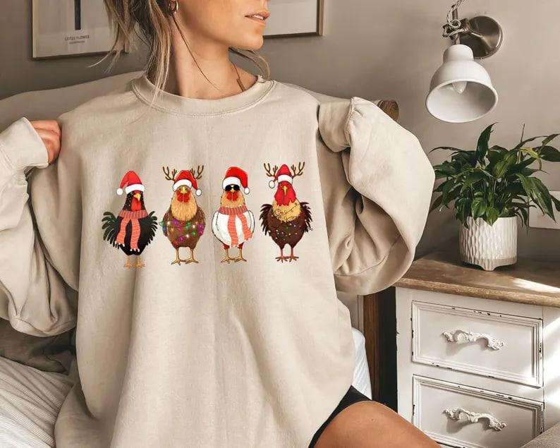 Funny Cute Christmas Chickens Sweatshirt, Christmas Farm Sweater, Cute Christmas Chicken Tee, Cute Women Christmas Gift...