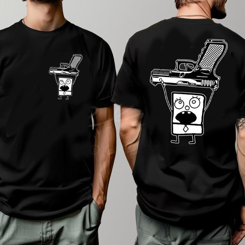 Funny Doodlebob Holding a Glock 2 Sided Graphic Unisex Classic T-Shirt Hoodie, Sweatshirt | HypeDripTees.com