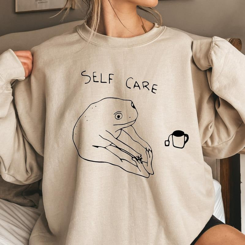 Funny Frog Self Care Sweatshirt Funny Frog Self Care Retro Hoodie, Birthday Gift For Her, Cottagecore Frog Sweatshirt,...