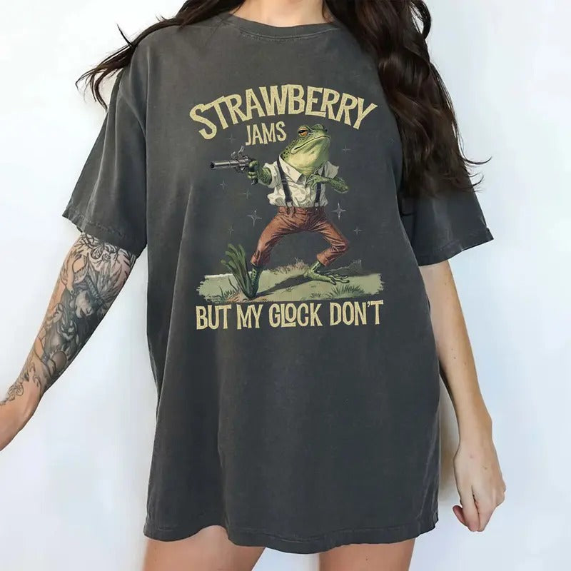 Funny Frog Strawberry Jams But My Glock Don't Shirt Comfort Colors, Wild West Frog Tee, Cool Frog Meme Tops, Western...