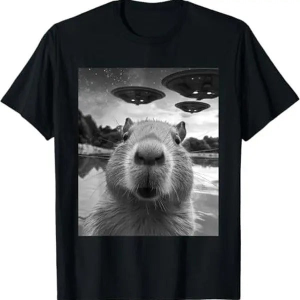 Funny Graphic Capybara Selfie with UFOs Weird T-Shirt Hoodie, Sweatshirt | HypeDripTees.com