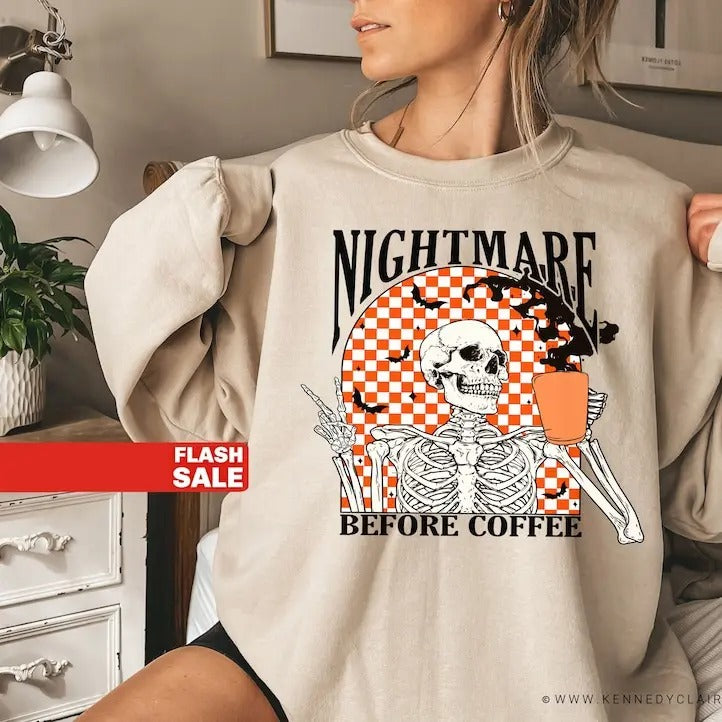 Funny Halloween Sweatshirt, Skeleton Halloween Shirt Coffee Fall Shirt, Fall Sweatshirt for Women Hoodie | HypeDripTees.com