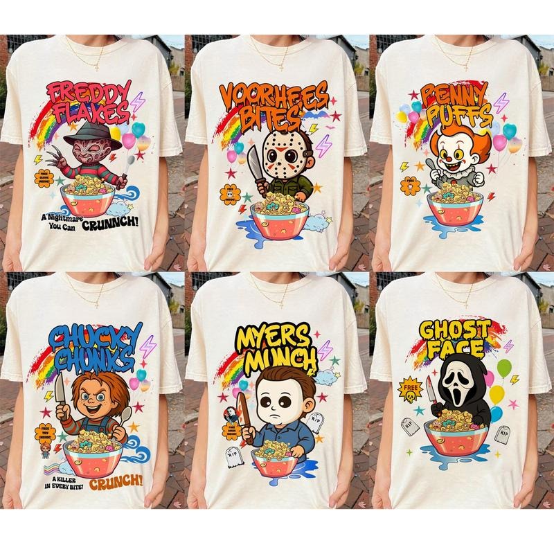 Funny Horror Character Cereal Halloween Shirt, Funny Cereal K.llers Shirt, Horror Friends TShirt, Halloween Movie...