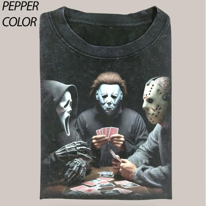 Funny Horror Character Playing Poker Comfort Colors T-shirt, Vintage Halloween Movie Graphic Tee, Gift For Boyfriend,...