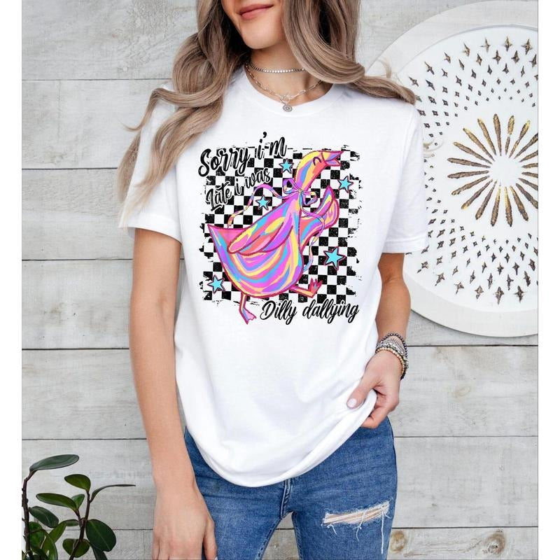 Funny Mama Goose Shirt, Sorry I'm Late I Was Dilly Dallying Goose Shirt, Sarcastic Retro Boho Floral Shirt ,Preppy Girly...