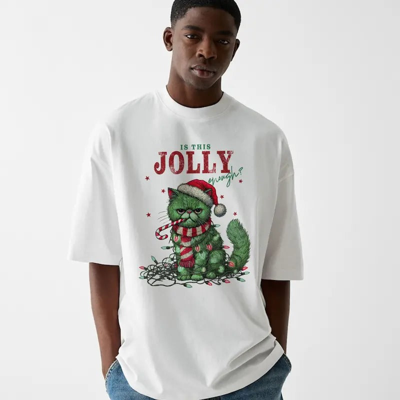 Funny Meme Is This Jolly Cat Graphic Shirt, Unisex Retro Christmas Cat Gift, Vintage Style Shirt, Humorous Quote Merch...