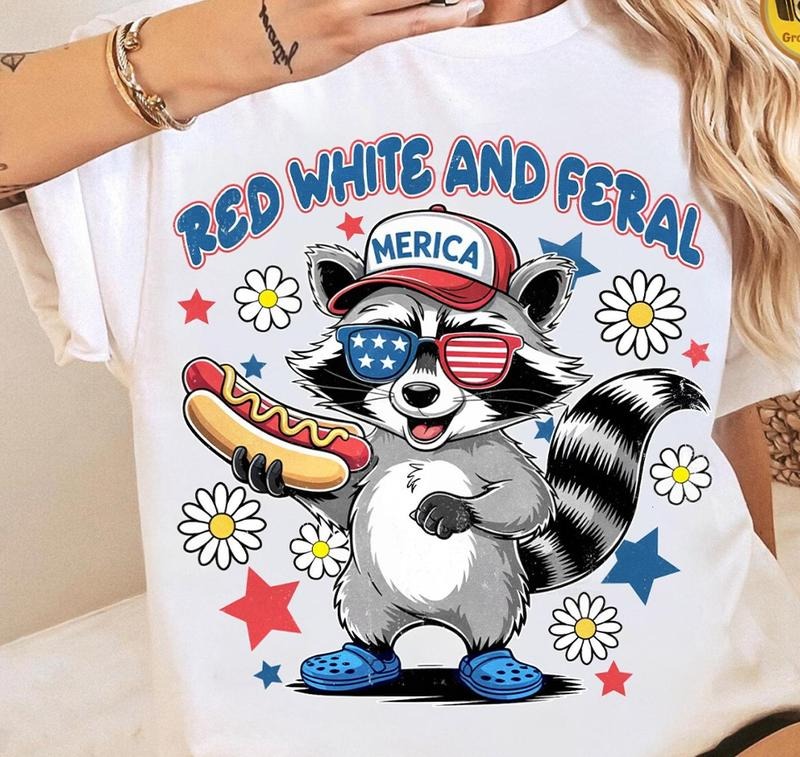 Funny Meme Racoon Red White And Feral Tshirt 4th Of July T-Shirt Retro Graphic Hoodie, Sweatshirt | HypeDripTees.com