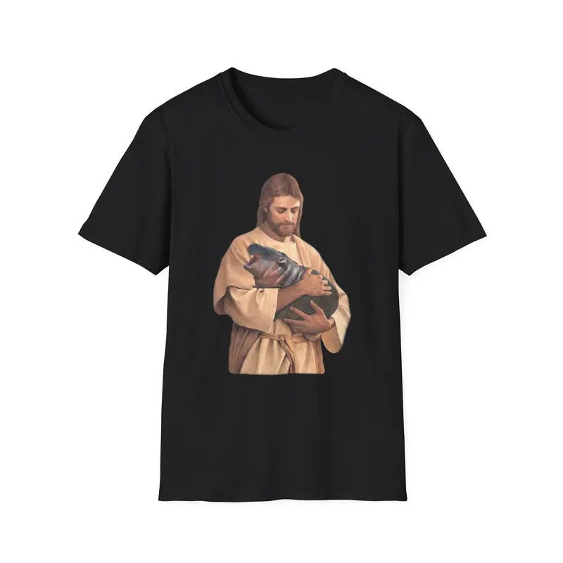 Funny Meme TShirt, Jesus Holding Moo Deng the Hippo Joke Tee, Moo Dang Gift Shirt Hoodie, Sweatshirt | HypeDripTees.com