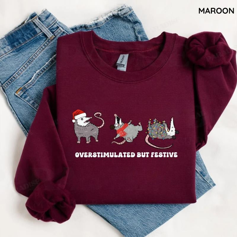 Funny Overstimulated But Festive Possum SweatShirt, Vintage Christmas Meme Shirt, Cute Possum Lover Gift, Holiday Humor...