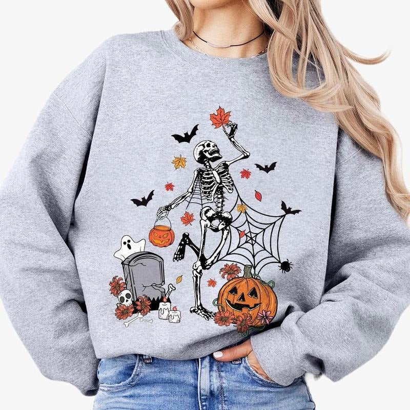 Funny Skeleton Halloween Sweatshirt, Skull Halloween Comfort Tee, Halloween Pumpkin T-Shirt, Dancing Skeleton, Shirt,...