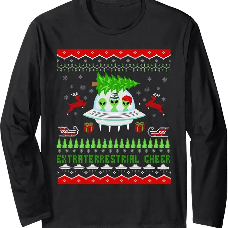 Funny Ugly Christmas Alien UFO Santa Reindeer Tree Gift Kids Long Sleeve T-Shirt