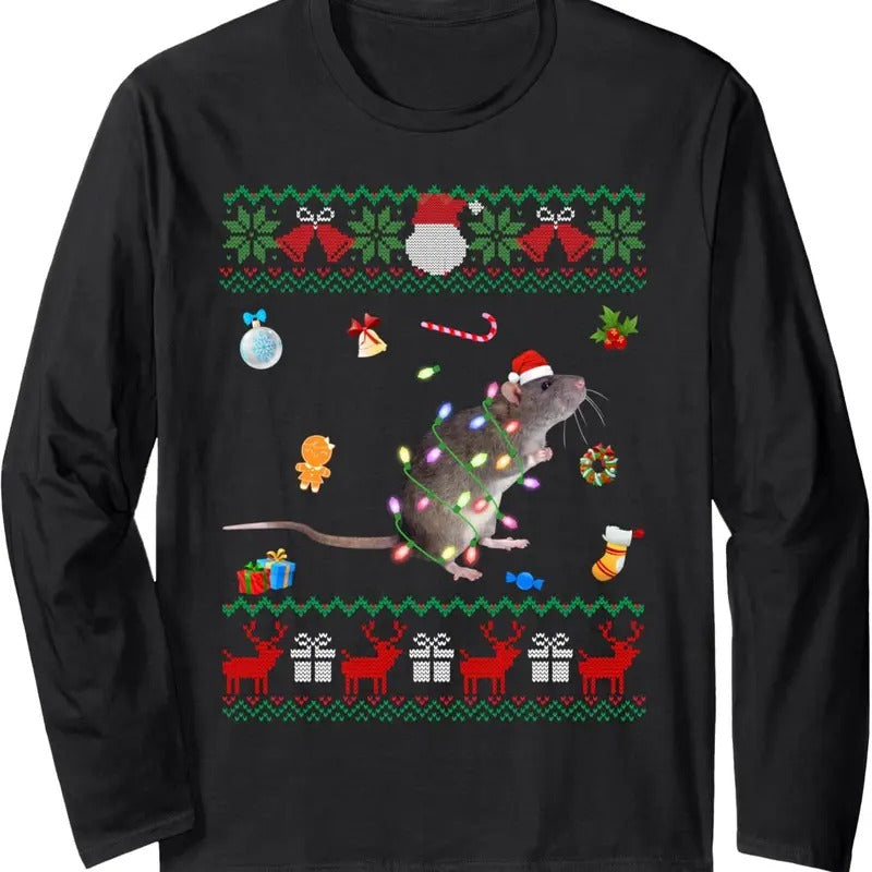 Funny Ugly Xmas Sweater Animals Lights Christmas Rat Long Sleeve T-Shirt Hoodie, Sweatshirt | HypeDripTees.com