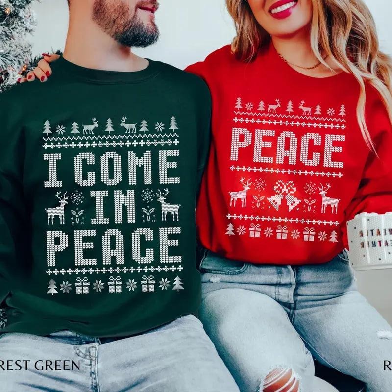 Funny ugly Christmas sweatshirts for couples, cute matching holiday outfits, plus 'I Come in Peace' sweatshirt for...