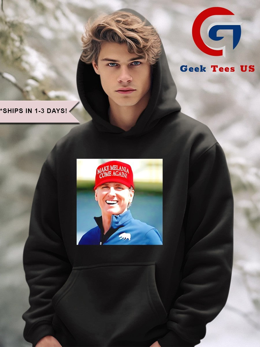 Gavin Newsom wearing Make Melania Come Again hat shirt