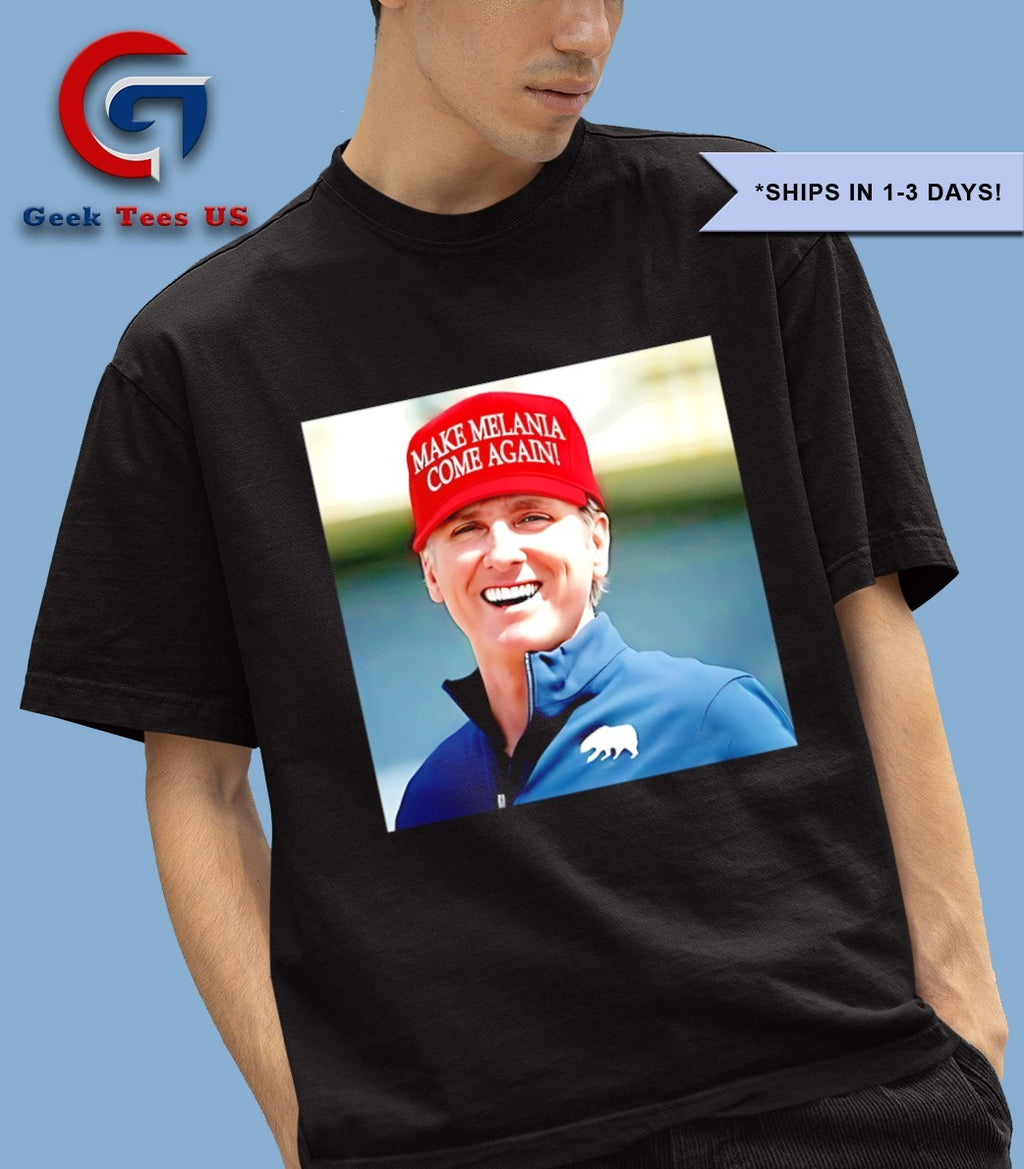 Gavin Newsom wearing Make Melania Come Again hat shirt