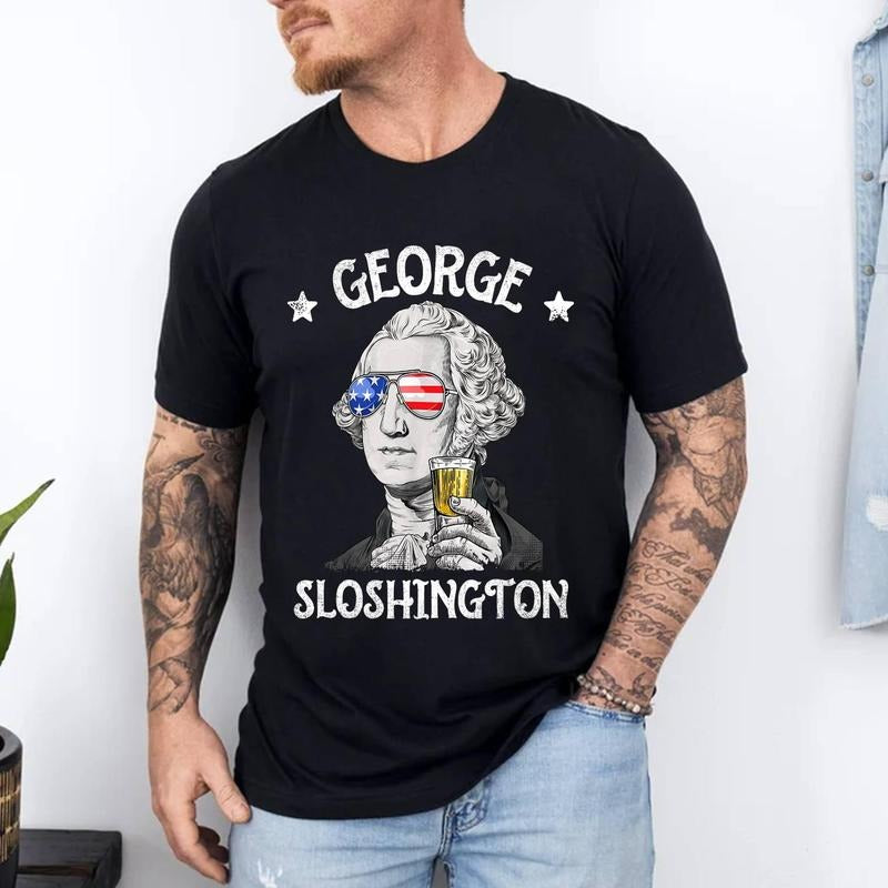 George Sloshington Washington 4th Of July Men Women USA Flag T-Shirt | Unisex Cotton Tee, Short Sleeve, Size S-3XL...