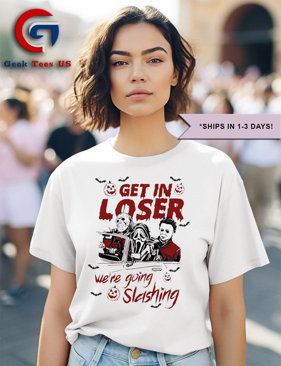 Get in loser we’re going slashing horror characters Halloween 2025 shirt