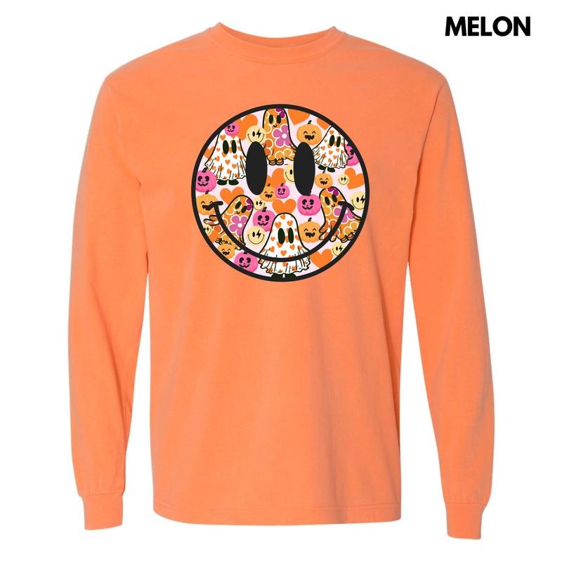 Ghost & Pumpkin Happy Face Long Sleeve Comfort Colors T-Shirt 'NLB' Hoodie, Sweatshirt | HypeDripTees.com