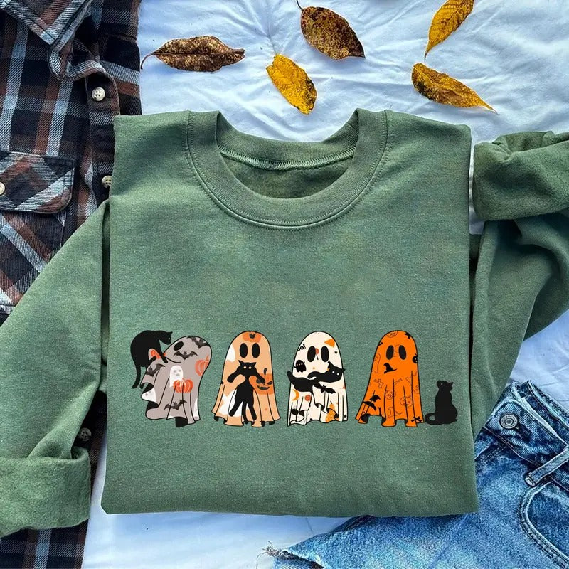 Ghost Black Cat Sweatshirt, Ghost Cat Shirt, Black Cat Ghost Sweatshirt, Halloween Gift For Cat Lovers, Black Cat...