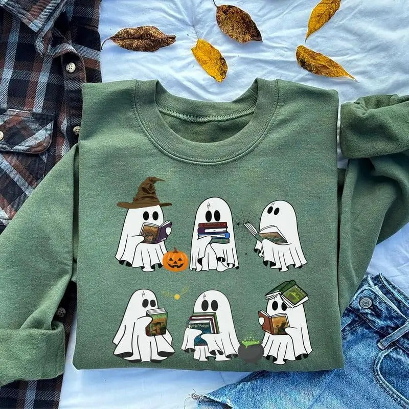 Ghost Book Wizard Sweatshirt, Ghost Bookish Shirt, Wizard Ghost Sweatshirt, Halloween Gift For Book Lovers, Bookish...