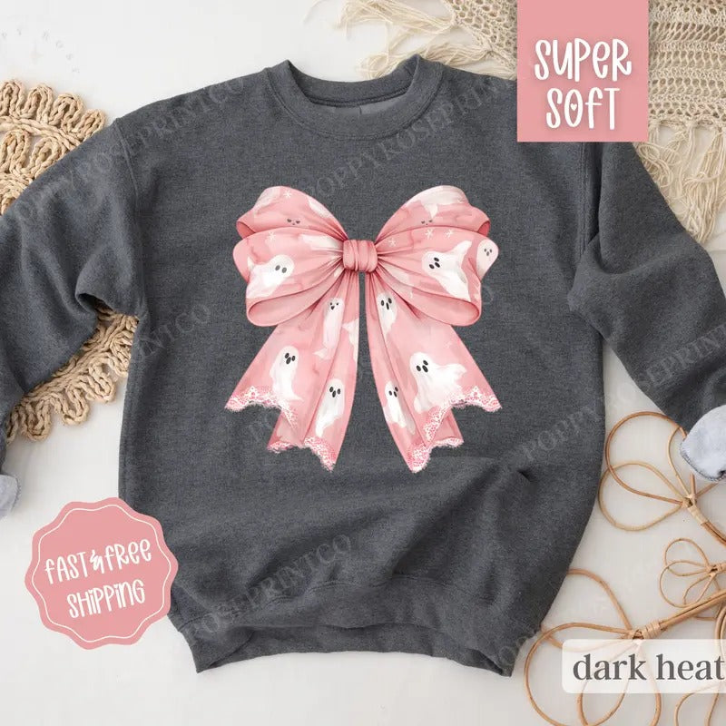 Ghost Bow Sweatshirt, Halloween Crewneck, Fall Womens Sweatshirt, Halloween Sweater cute ghost T-Shirts, Hoodie