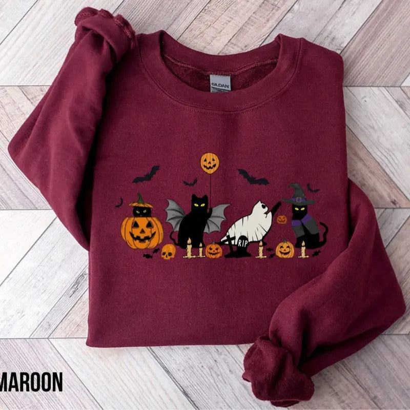 Ghost Cat Halloween Sweatshirt,  Black Cat Halloween Sweatshirt, Cat Lover Shirt, Spooky Season Funny Halloween Shirt,...