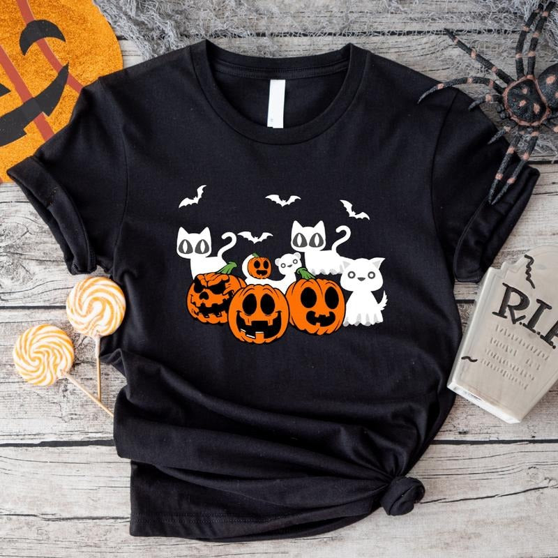 Ghost Cat Shirt, Black Cat And Pumpkin T-Shirt, Creepy Halloween Tee, Unisex Cat Lover Gift Shirt, Spooky Season Short...