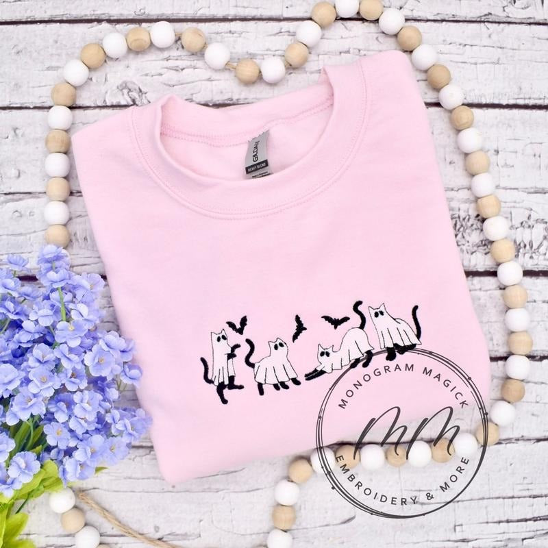 Ghost Cats Sweatshirt, Embroidered Ghost Sweatshirt T-Shirts, Hoodie | HypeDripTees.com