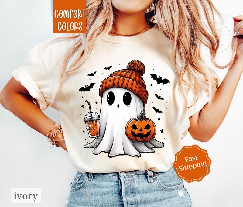 Ghost Coffee Halloween Shirt Comfort Colors, Cute Ghost Tshirt for Women,  Spooky Season Shirt Oversized Crewneck Tee...