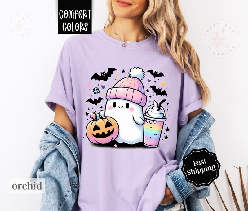 Ghost Coffee Halloween Shirt Comfort Colors, Cute Ghost Tshirt for Women,  Spooky Season Shirt Oversized Crewneck...