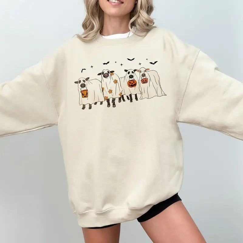 Ghost Cows Halloween Crewneck Sweatshirt, Hoodie, T-shirt | HypeDripTees.com