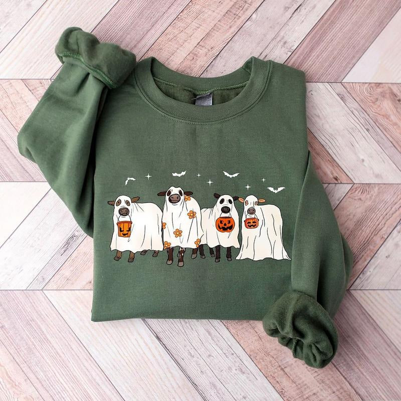 Ghost Cows Sweatshirt, Cow Halloween Crewneck, Funny Halloween Hoodie, Cow Lover Halloween Shirt, Cow Ghost Sweater,...